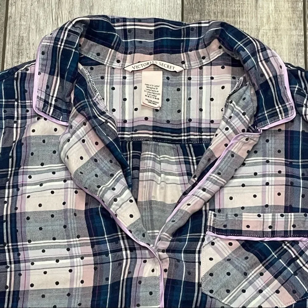 Victoria’s Secret Plaid Button Up Pajama Shirt Pink Lavender Blue Black Size XS